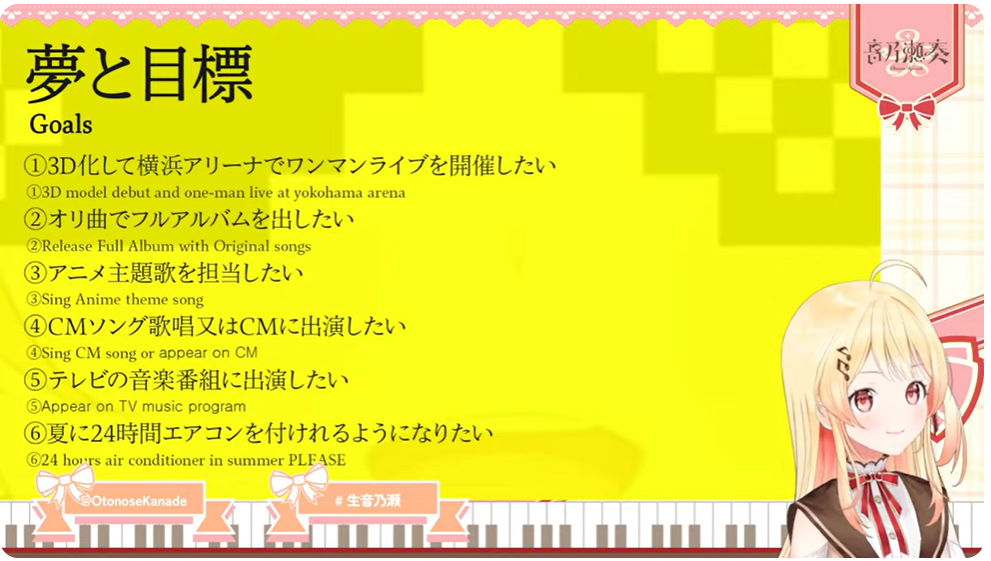 音乃瀬奏が初配信で夢と目標を語っている