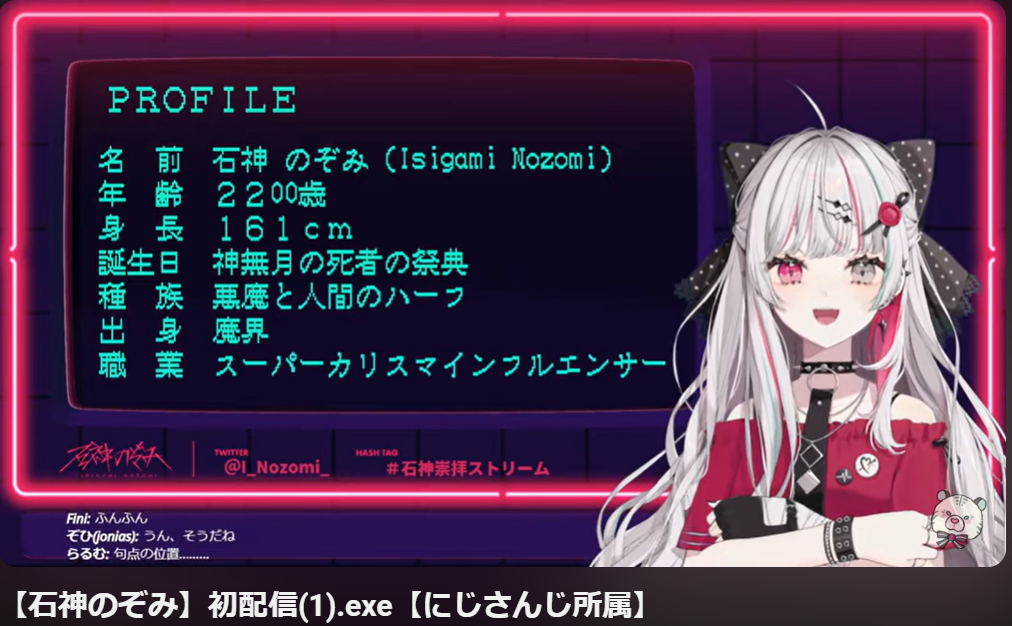 石神のぞみが初配信で自己紹介をしていて、年齢を2200歳と言っているのがわかる