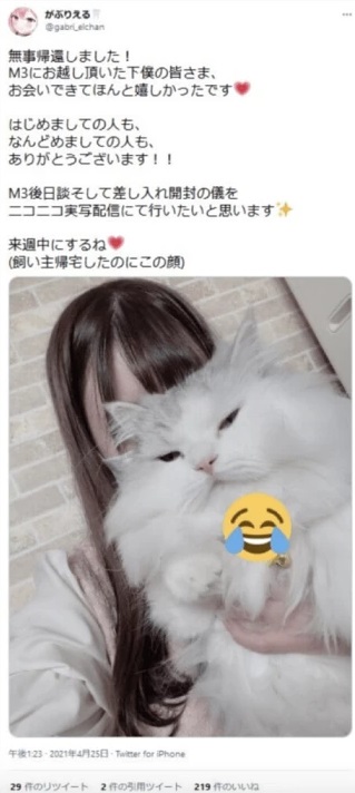 我部りえるさんの中の人が顔を猫でかくしている。黒髪ロングの可愛い雰囲気の女の子