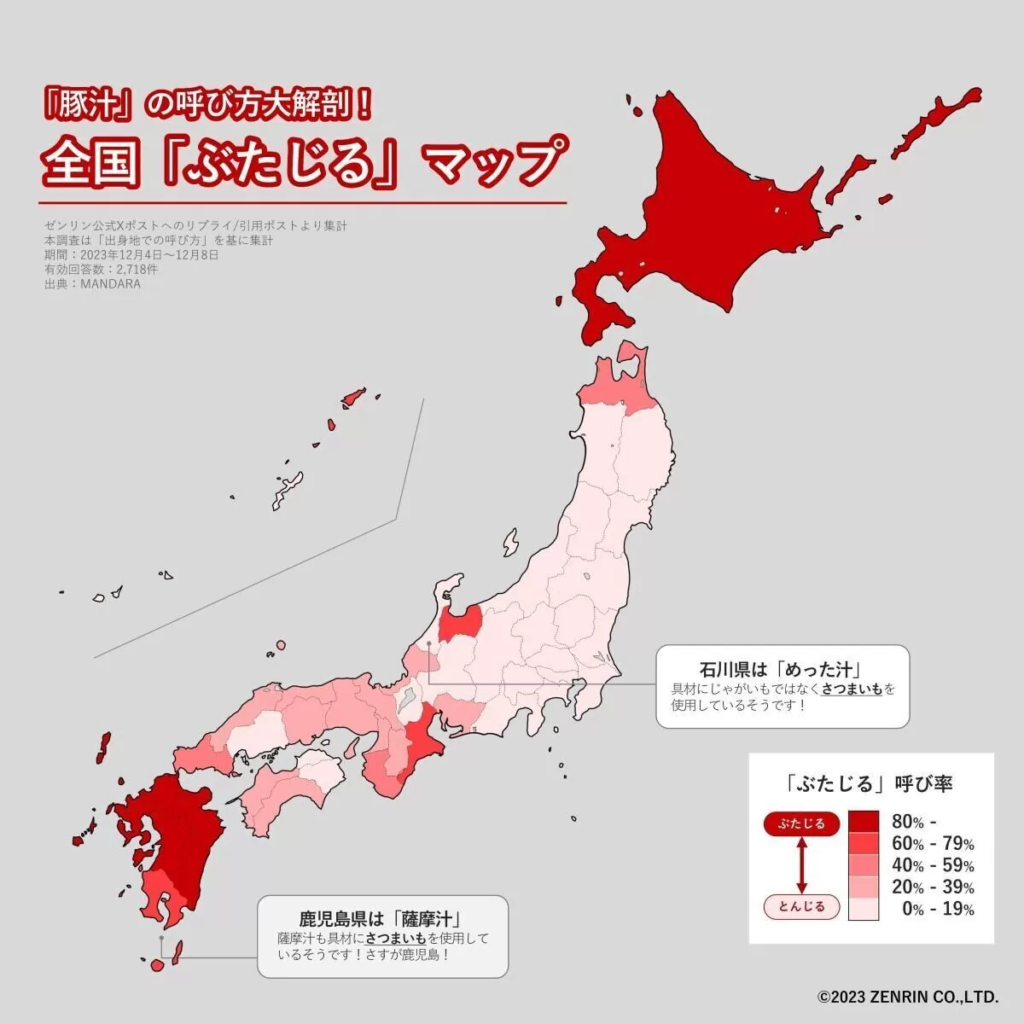 豚汁を「ぶたじる」という人は北海道と九州地方に多い